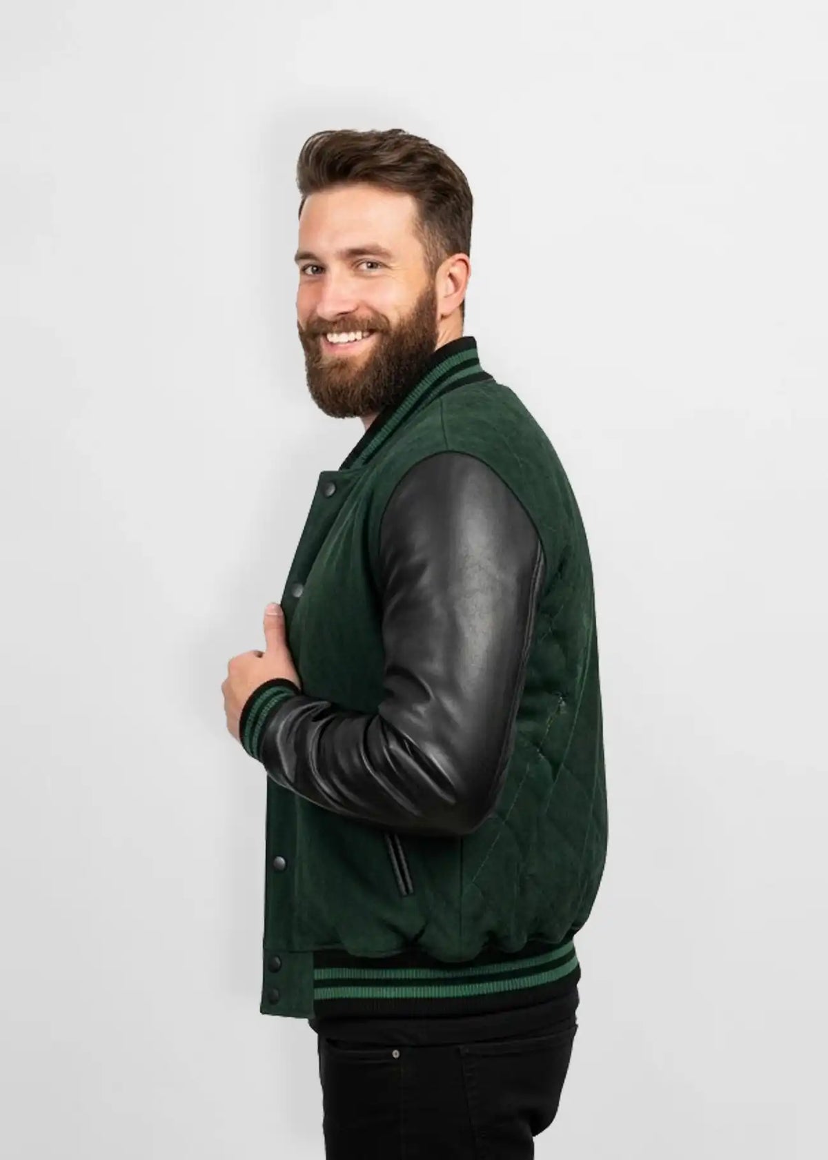 Quilted Forest Green Suede Leather Varsity Jacket Side view