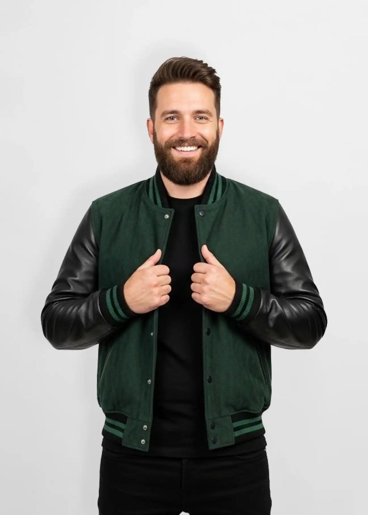 Quilted Forest Green Suede Leather Varsity Jacket Front view