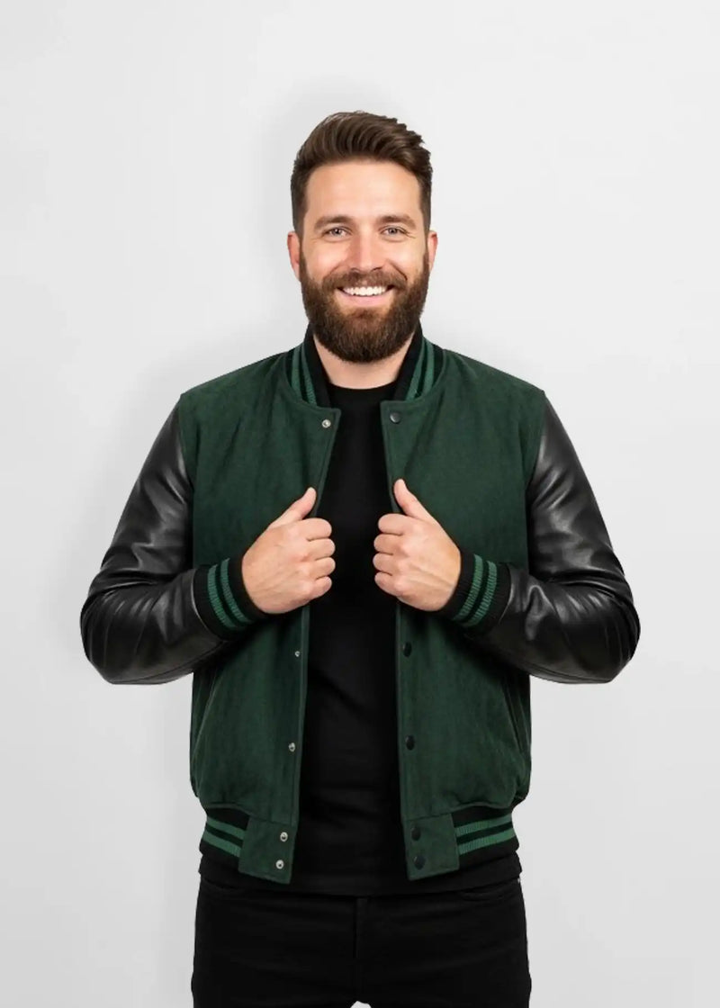Quilted Forest Green Suede Leather Varsity Jacket Front view
