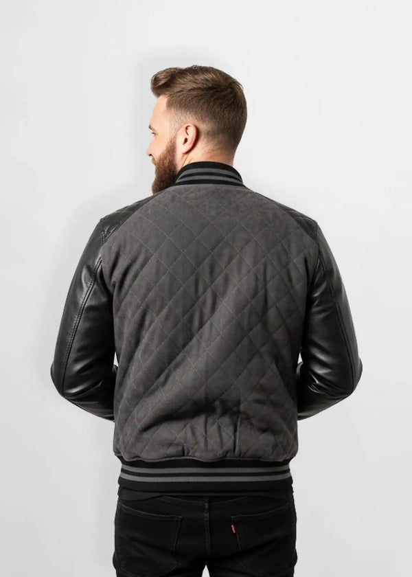 Quilted Grey Suede Leather Varsity Jacket Back view