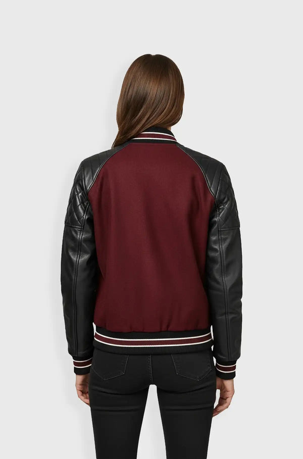 Quilted Sleeves Burgundy Varsity Leather Jacket
