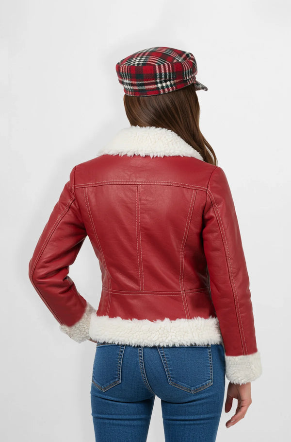 Red Cherry Leather Biker Jacket Back view