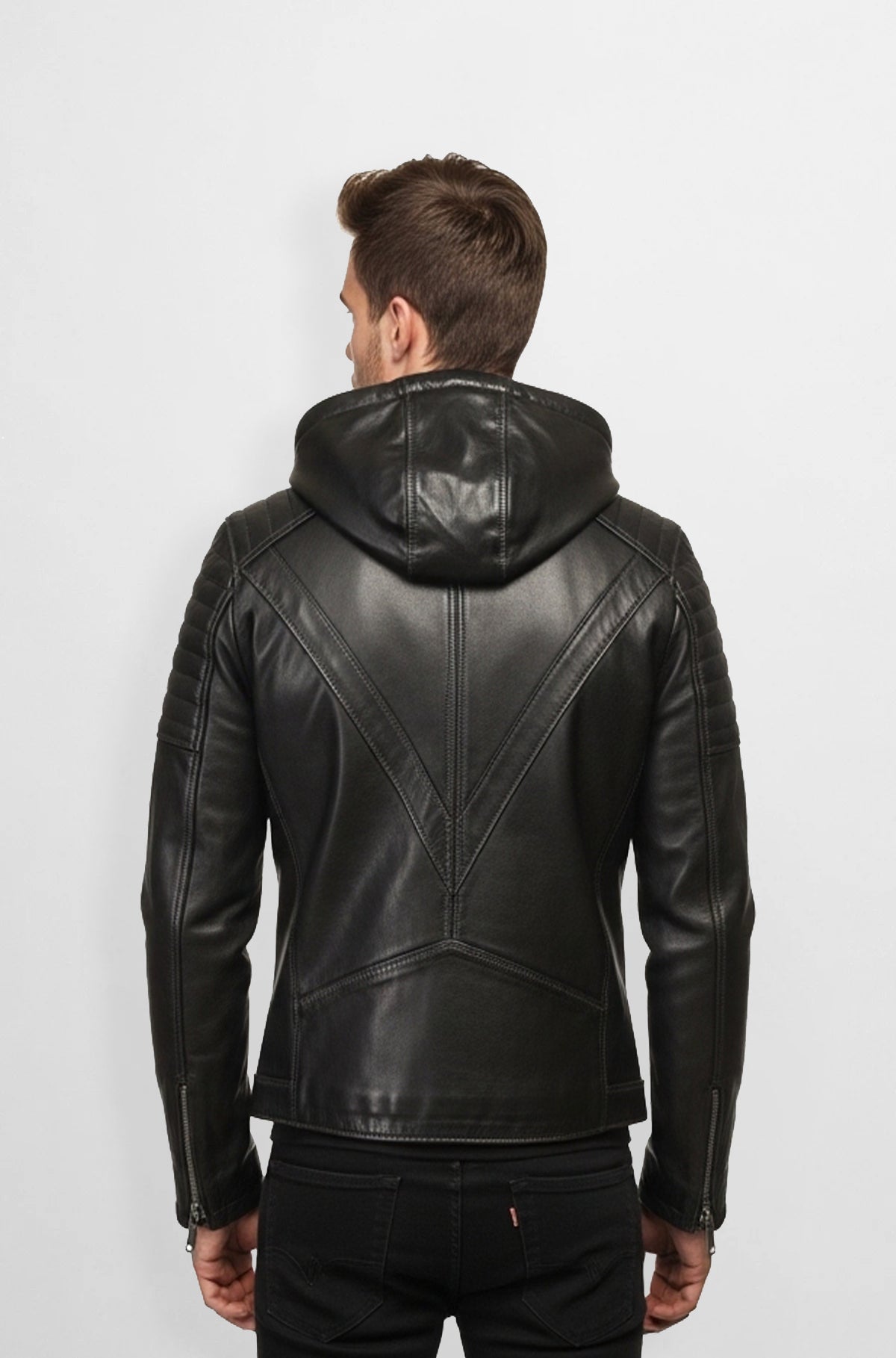 Shadow Line Black Hooded Biker Leather Jacket