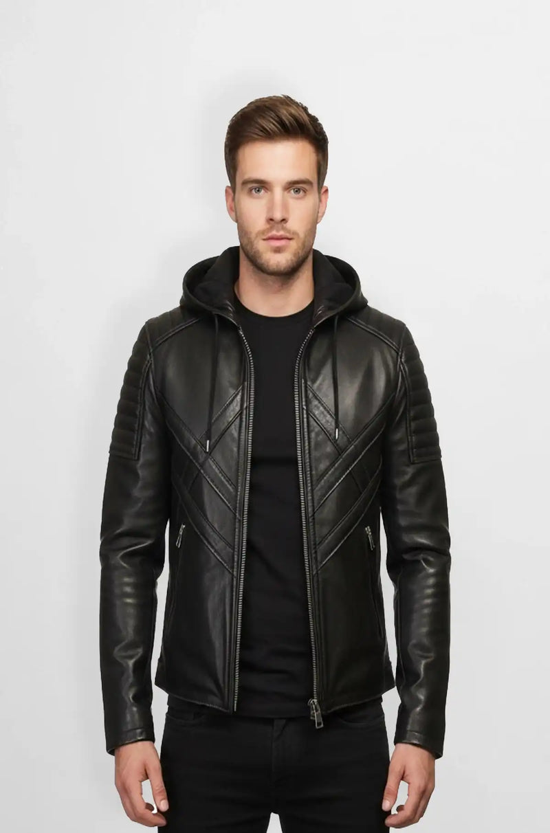 Shadow Line Black Hooded Biker Leather Jacket