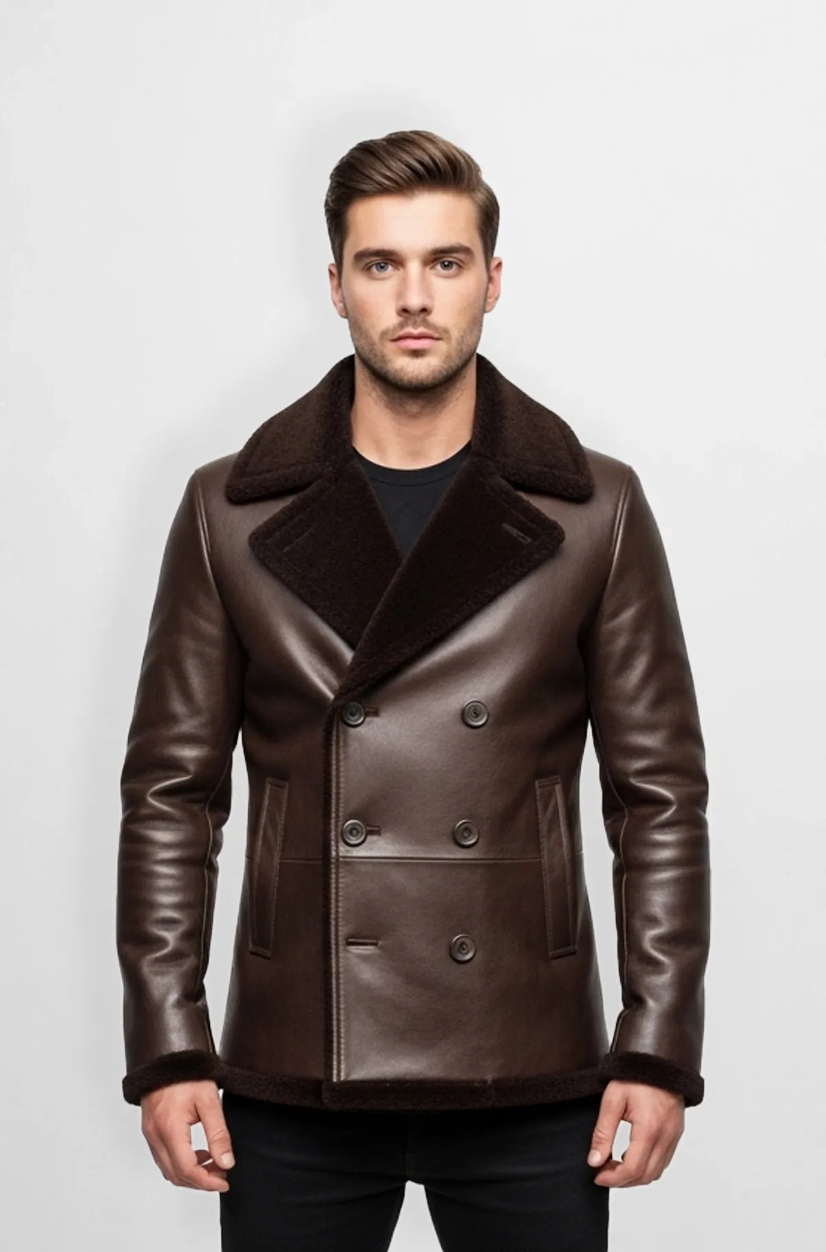 Shearling Leather Peacoat Jacket for Men