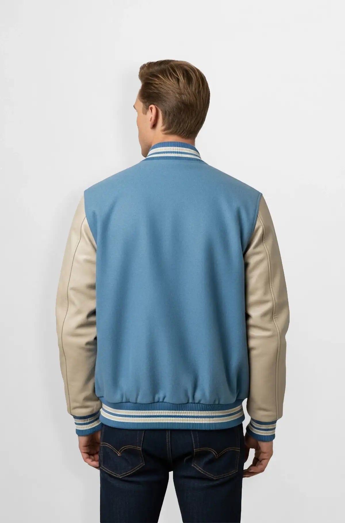 Sky Blue Varsity Leather Jacket for Men back view
