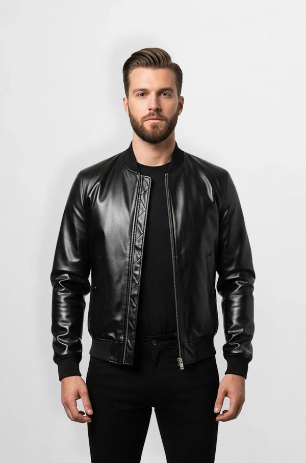 Sleek Black Leather Bomber Jacket Front view
