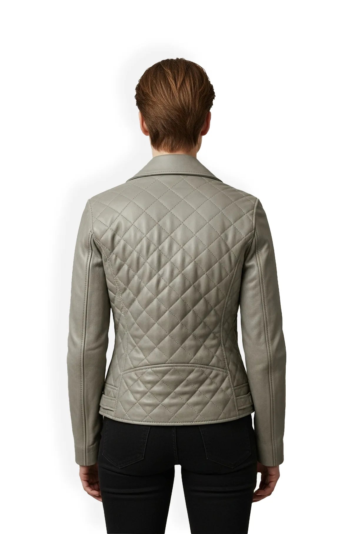 Stone Grey Quilted Leather Racer Jacket Back view