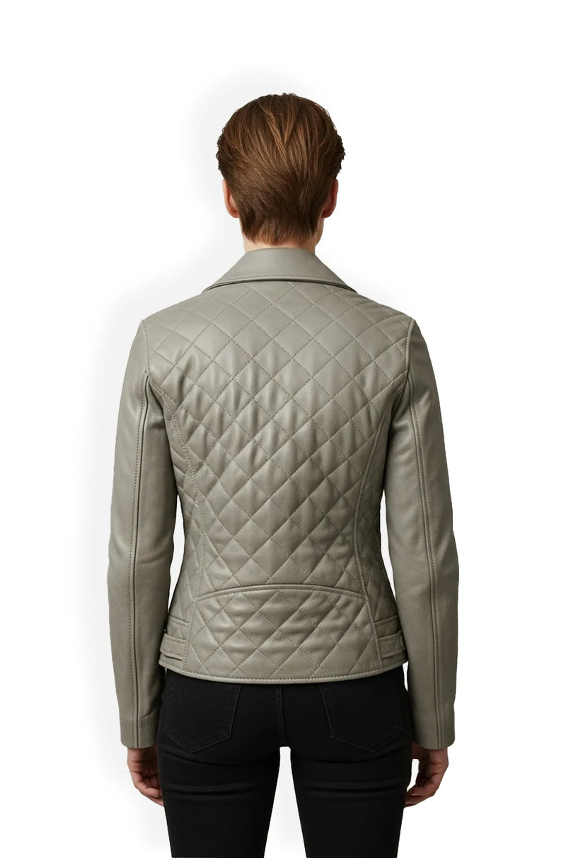 Stone Grey Quilted Leather Racer Jacket Back view