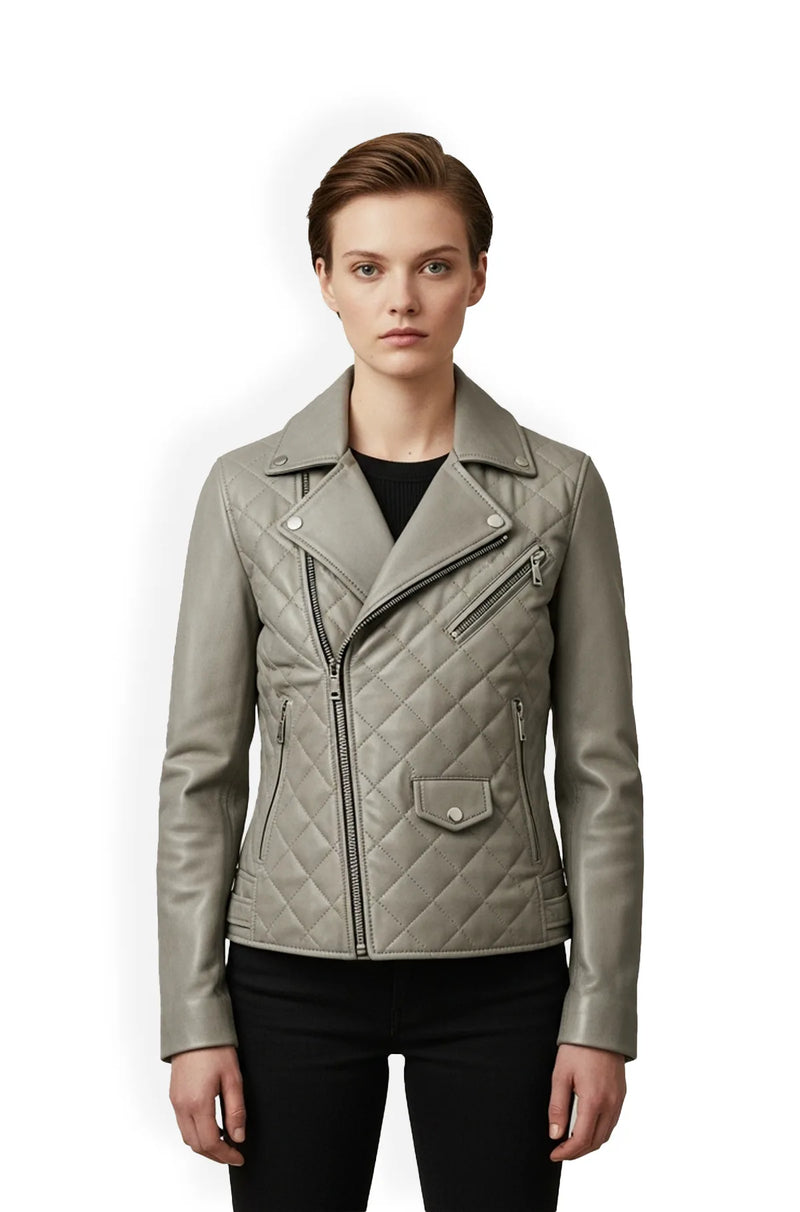 Stone Grey Quilted Leather Racer Jacket Front view