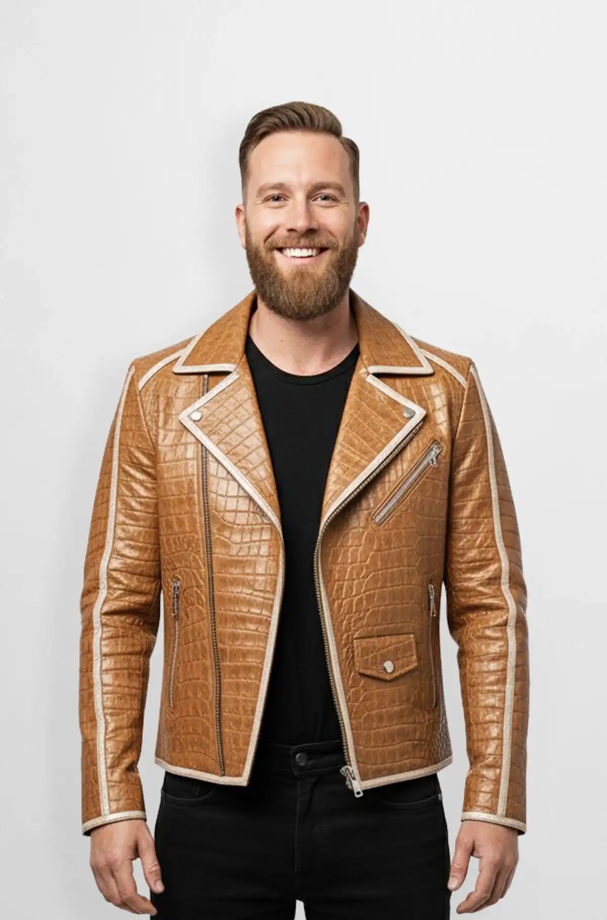 Tan Croc Embossed Biker Leather Jacket