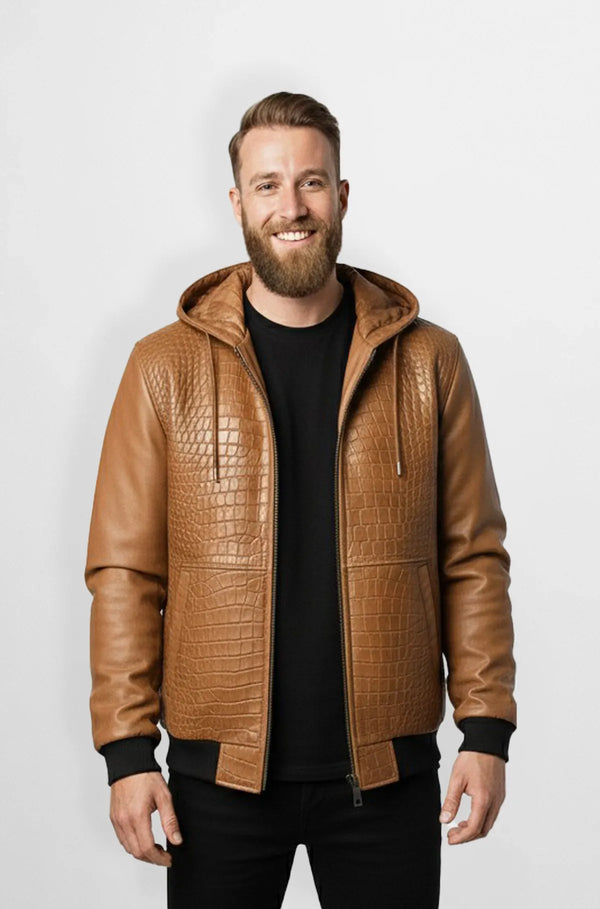 Tan Croc Embossed Leather Hoodie Jacket