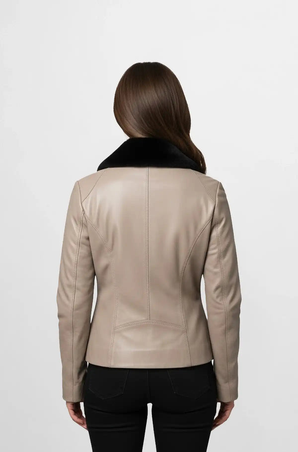 Taupe Leather Aviator Jacket with Black shearling Collar back view