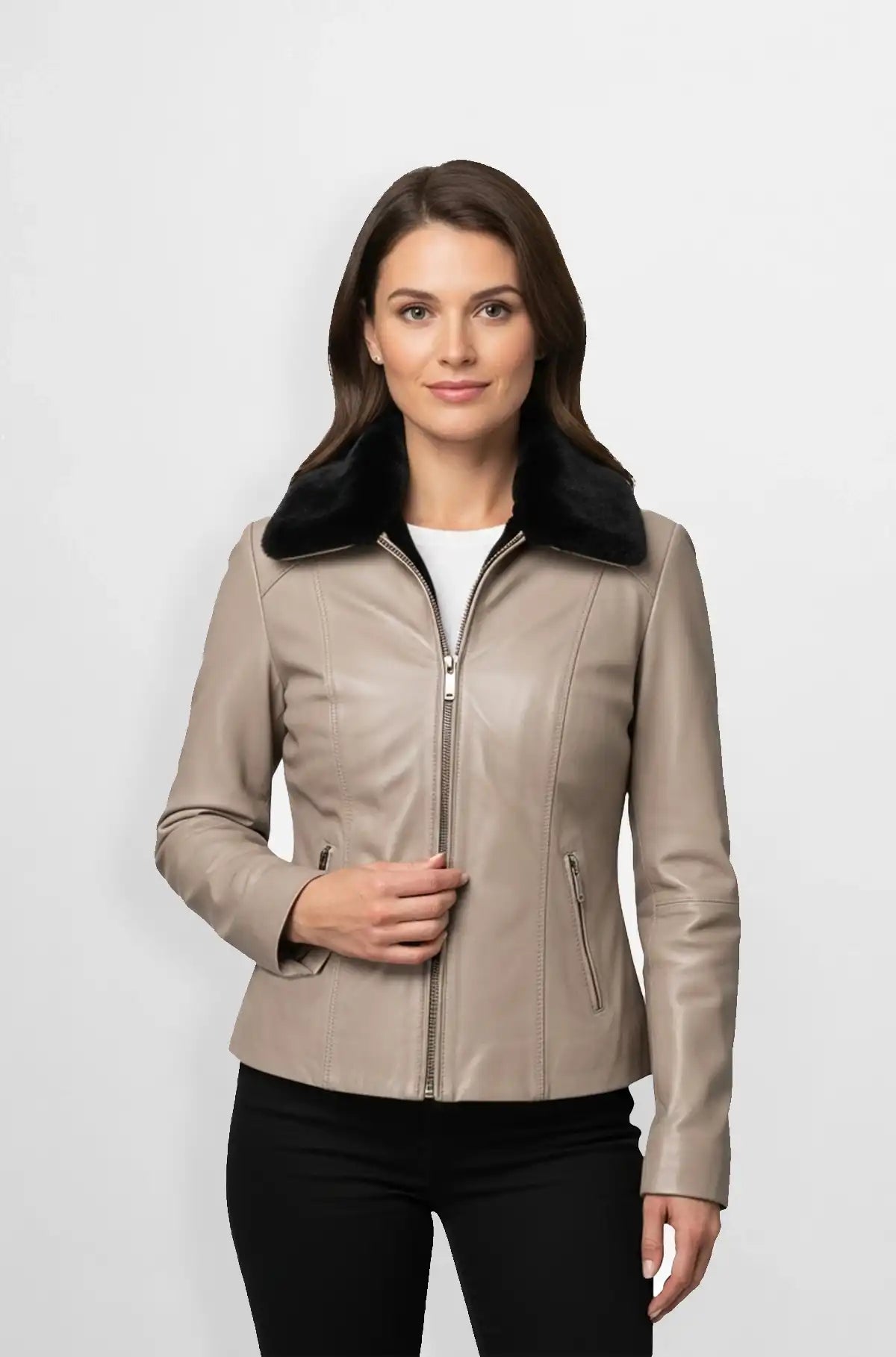 Taupe Leather Aviator Jacket with Black shearling Collar