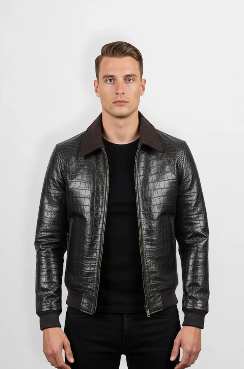 The Black Crocodile Leather Bomber Jacket