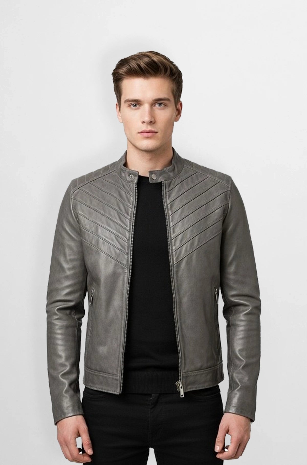 Thunder Grey Leather Bomber Jacket