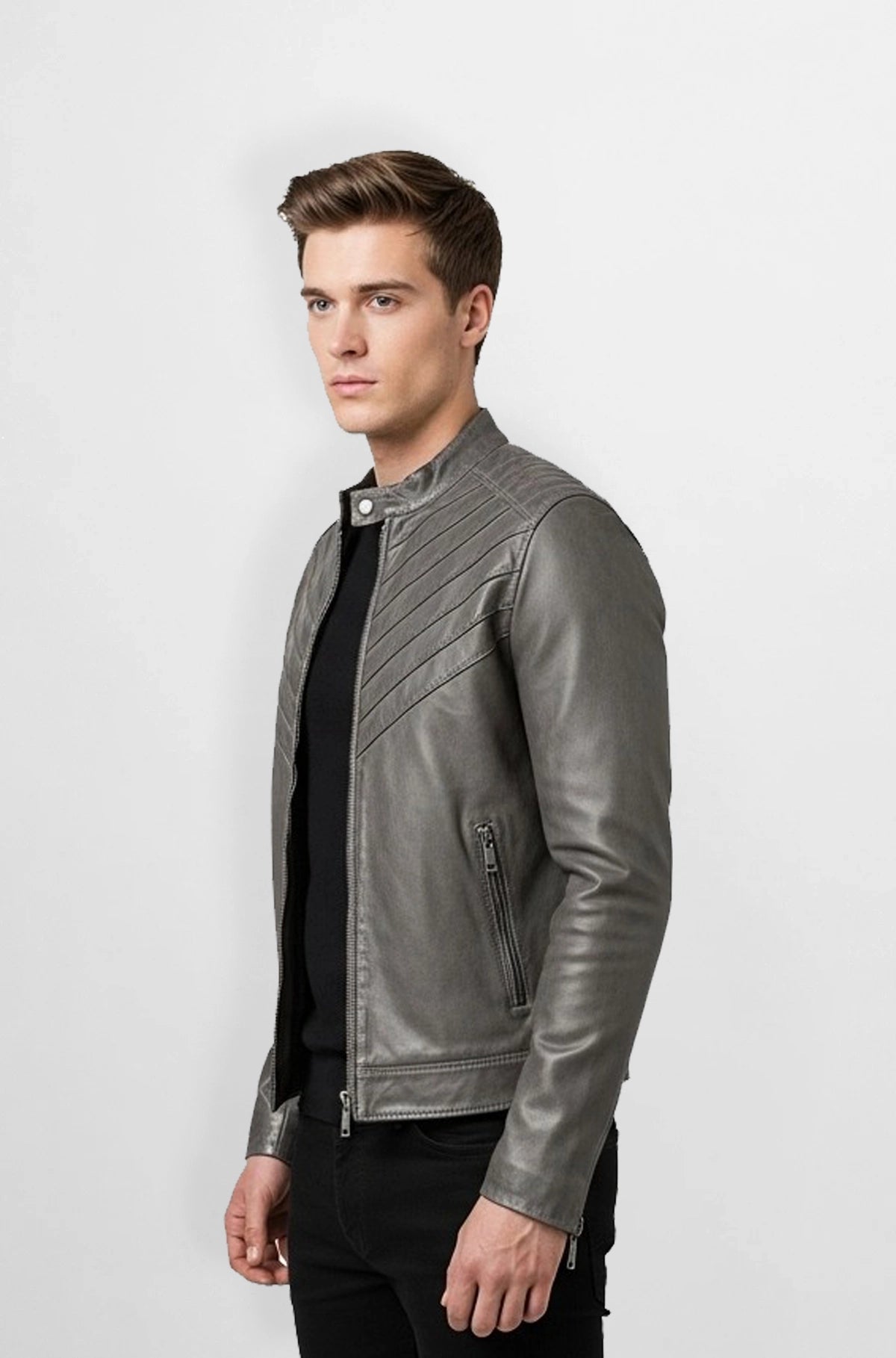 Thunder Grey Leather Bomber Jacket