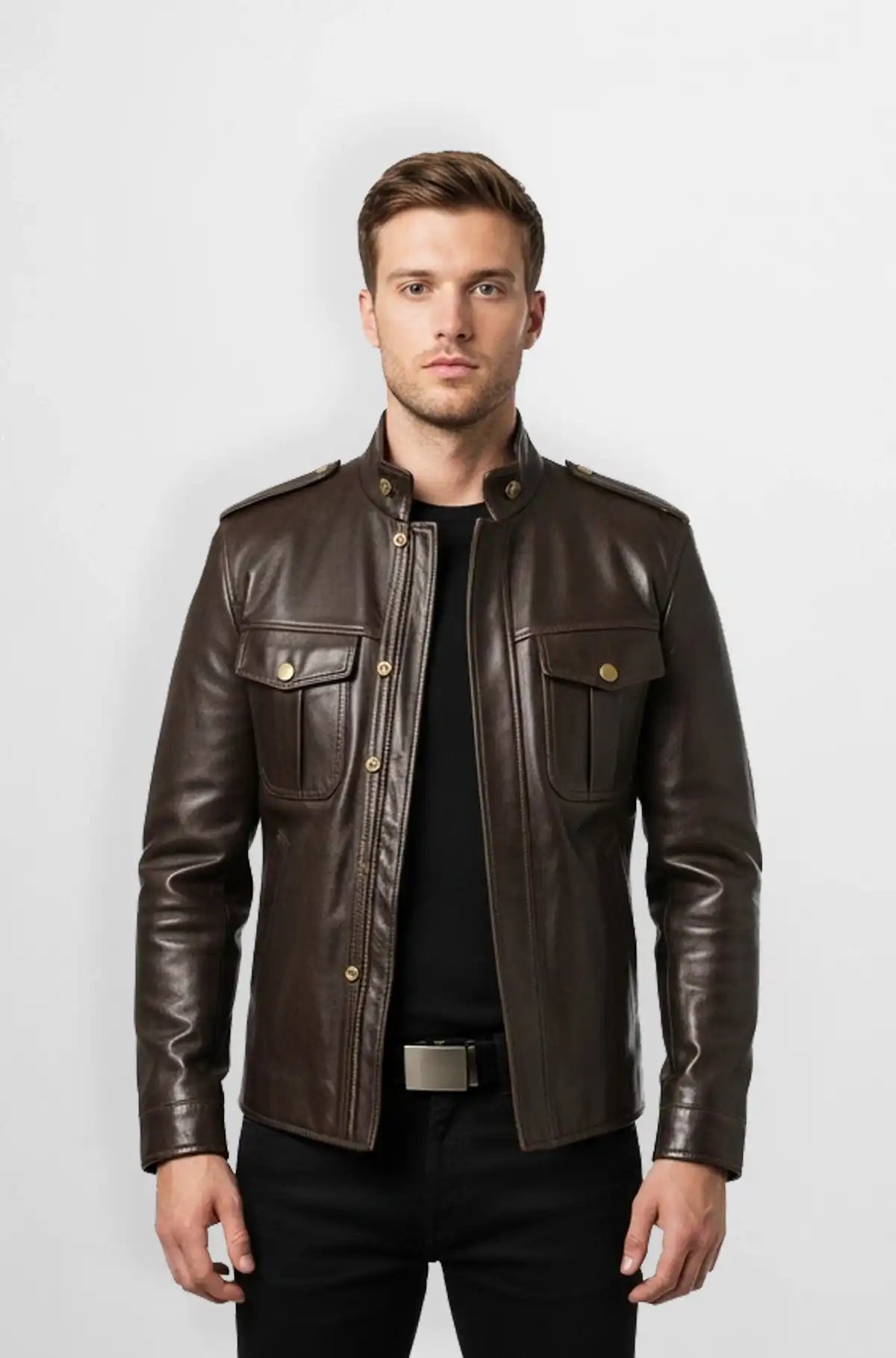 Vintage Brown Leather Moto Jacket with Gold Hardware