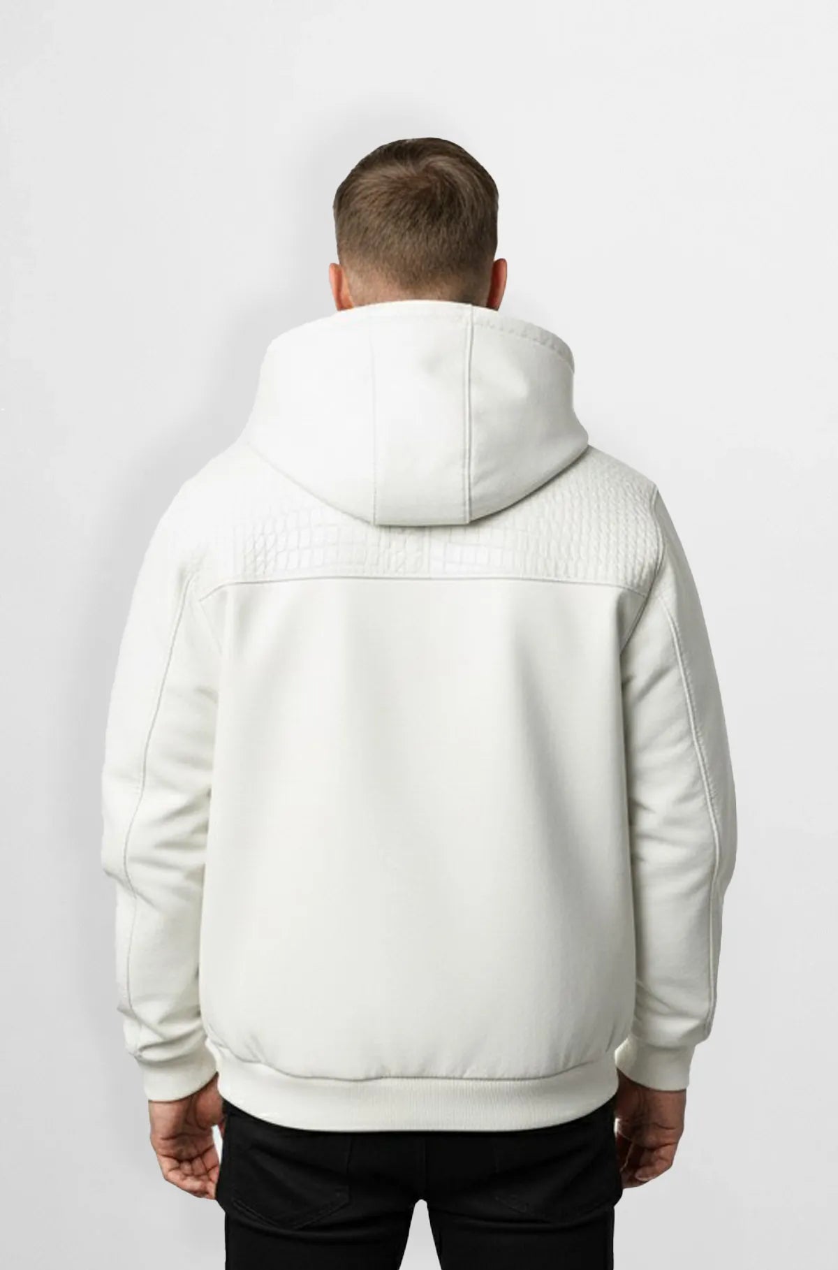 White Crocodile Leather Hooded Bomber Jacket Back view
