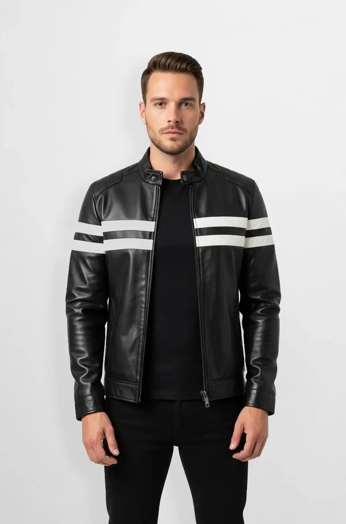 White Stripes Black Leather Racer Jacket
