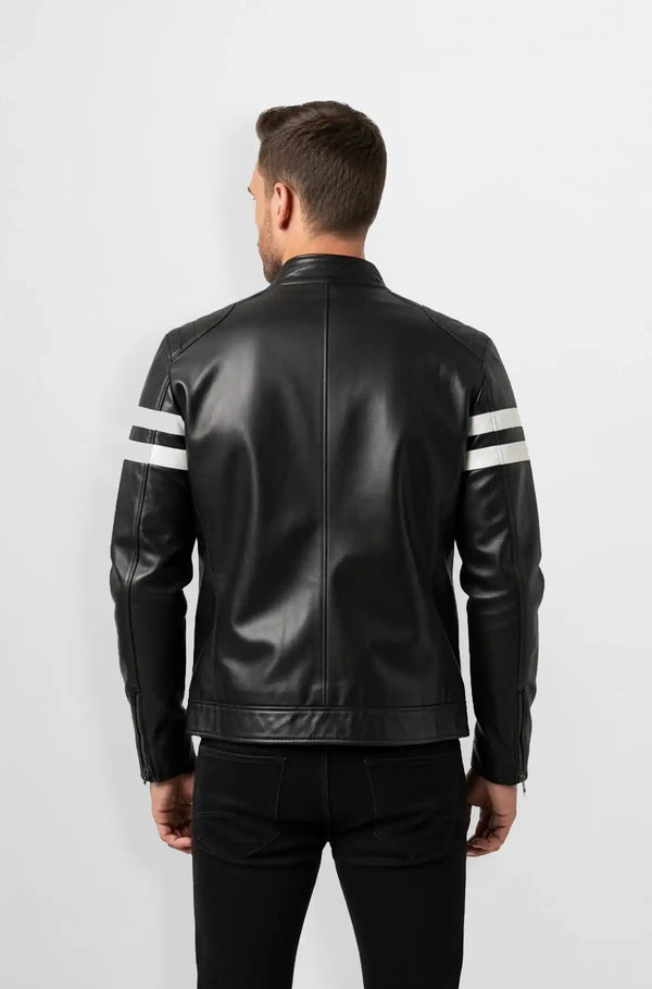 White Stripes Black Leather Racer Jacket Front view
