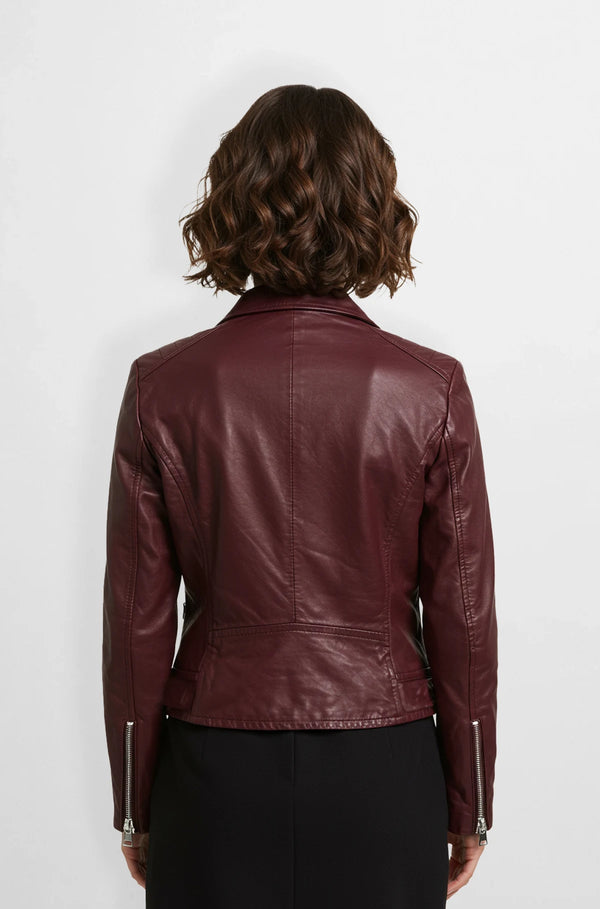 Wine Leather Biker Jacket For Womens Back view