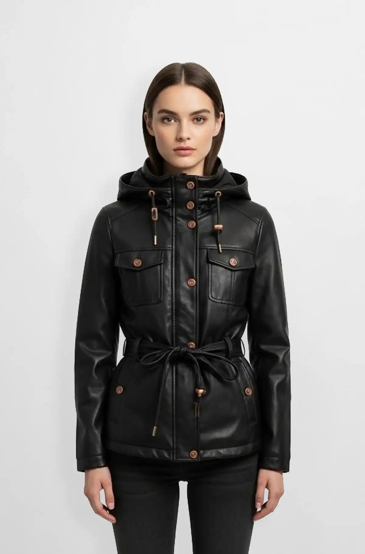 Women Midnight Black Hooded Leather Jacket
