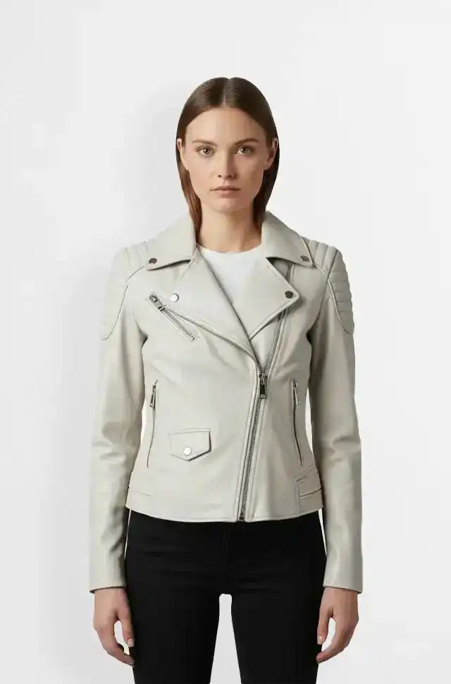 Womens White Biker Leather Jacket