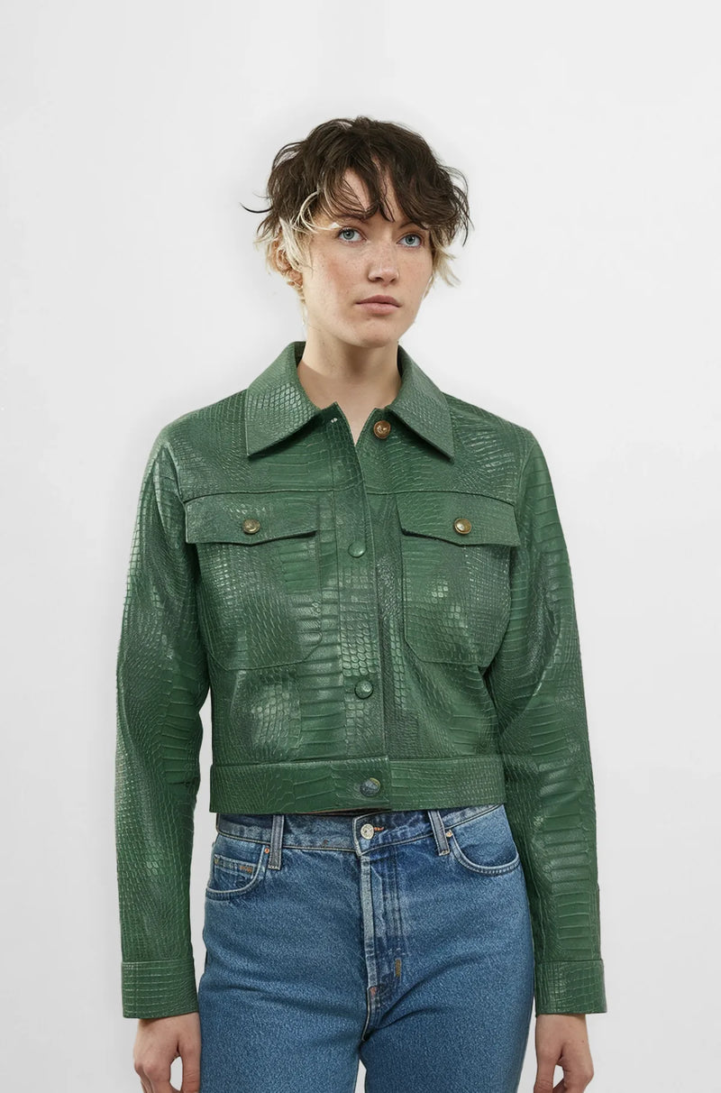 crocodile cropped leather jacket front view
